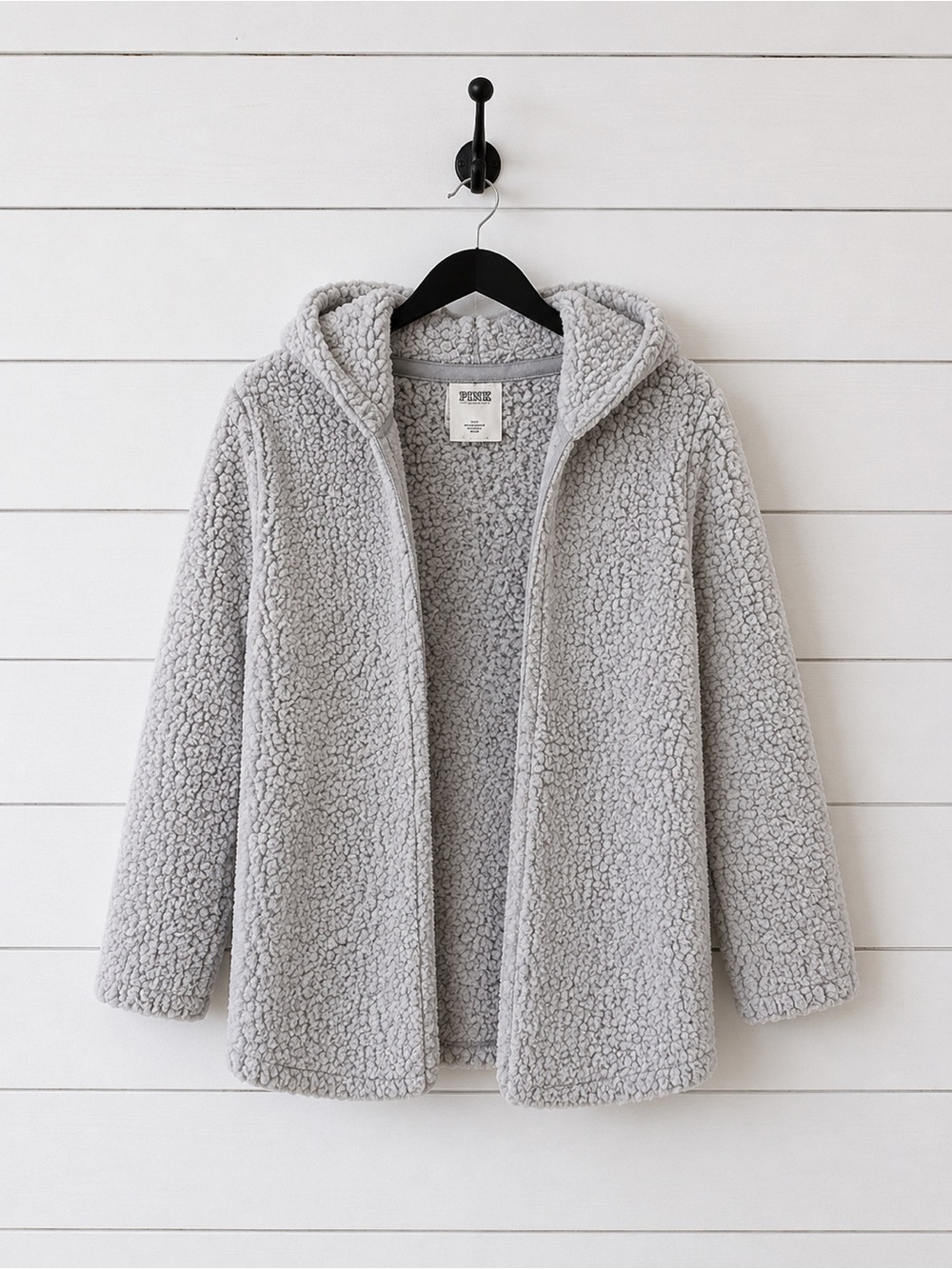 Pink Cozy Hooded Sherpa Jacket - Light Gray